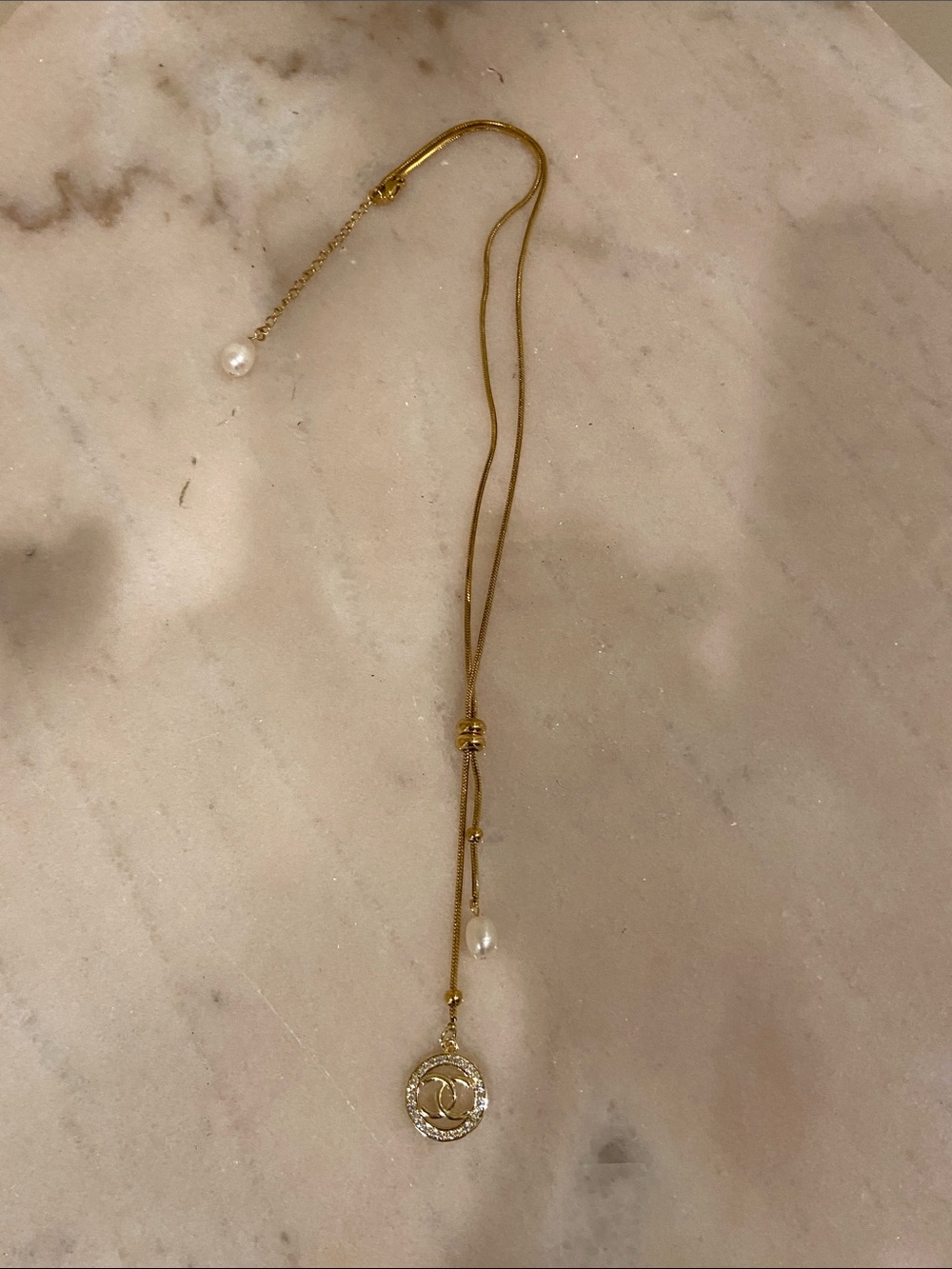 Gold Pearl Drop Necklace And Chanel CC Logo Charm - Picture 7 of 11